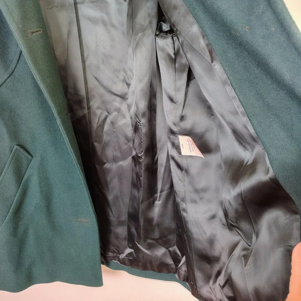 Mackintosh New England Vintage Wool Car Coat Teal Green Gold Crest Buttons Sz 12